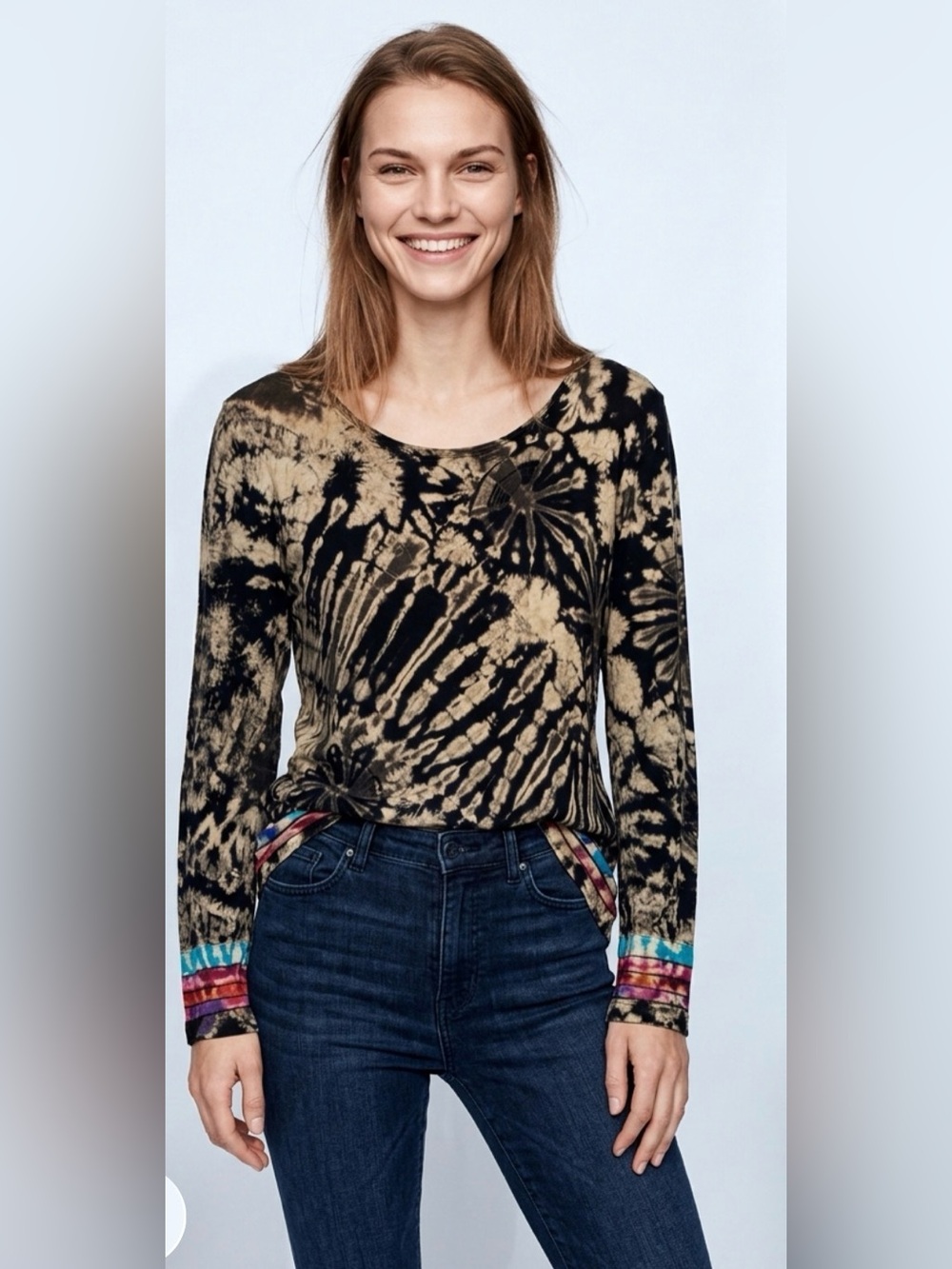 Women's Black and Tan Tie-Dye Long Sleeve Top